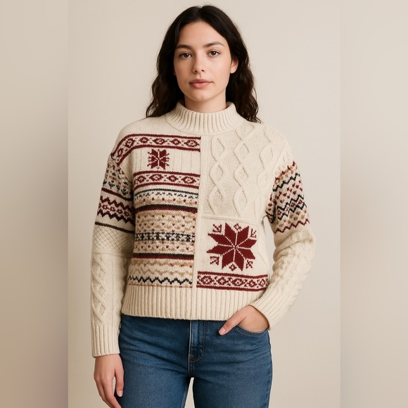 American Eagle Outfitters Sweaters - American Eagle Patchwork Fair Isle Sweater Nordic Cable Knit Cream Red Pullover